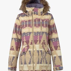 Burton Beige and Purple Geometric Ski Jacket with Fur Hood